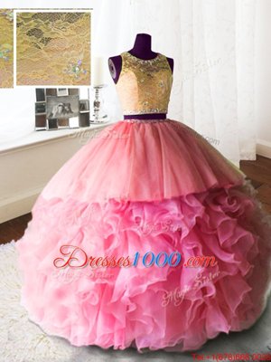 Scoop Sleeveless Brush Train Zipper Sweet 16 Dresses Rose Pink Organza and Tulle and Lace