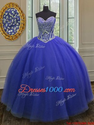 Glorious Royal Blue Ball Gown Prom Dress Military Ball and Sweet 16 and Quinceanera and For with Beading Sweetheart Sleeveless Lace Up