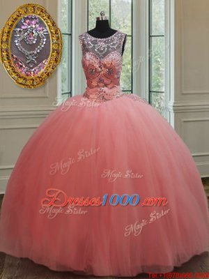 Scoop Tulle Sleeveless Floor Length Vestidos de Quinceanera and Beading