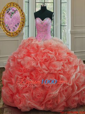 Colorful Pick Ups Sweep Train Ball Gowns 15th Birthday Dress Watermelon Red Sweetheart Organza Sleeveless Lace Up