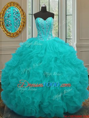 Delicate Aqua Blue Organza Lace Up 15th Birthday Dress Sleeveless Floor Length Beading and Ruffles