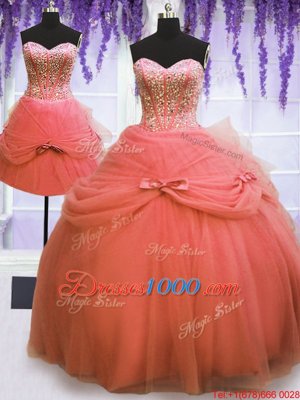 Elegant Three Piece Watermelon Red Ball Gowns Tulle Sweetheart Sleeveless Beading and Bowknot Floor Length Lace Up Quinceanera Dress