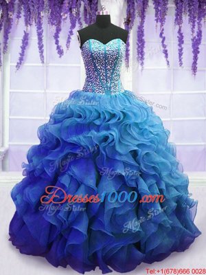 Modern Blue Organza Lace Up Sweetheart Sleeveless Floor Length 15 Quinceanera Dress Beading and Ruffles