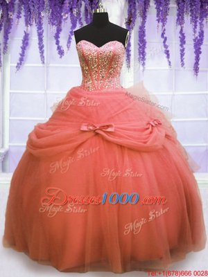 Affordable Sweetheart Sleeveless Tulle Quinceanera Dresses Beading and Bowknot Lace Up