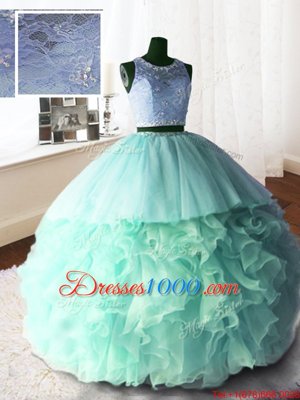 Apple Green Organza and Tulle and Lace Zipper Scoop Sleeveless With Train Quinceanera Dress Brush Train Beading and Lace and Ruffles