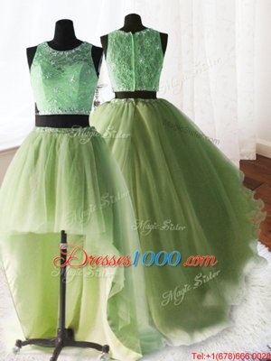 Three Piece Yellow Green Ball Gowns Scoop Sleeveless Organza and Tulle and Lace With Brush Train Zipper Beading and Lace and Ruffles Vestidos de Quinceanera