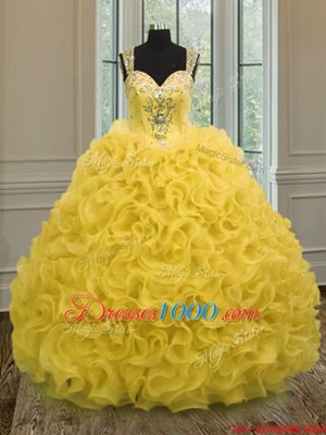 Gold Sleeveless Floor Length Beading and Ruffles Zipper Sweet 16 Quinceanera Dress