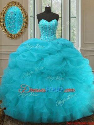 Aqua Blue Lace Up Sweetheart Beading and Ruffles and Pick Ups Quinceanera Dresses Organza Sleeveless