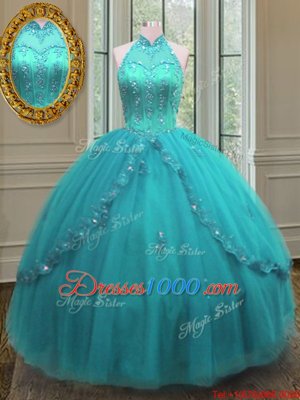 Decent Floor Length Aqua Blue Sweet 16 Dresses High-neck Sleeveless Lace Up