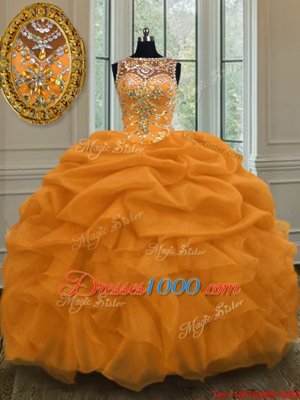 Charming Scoop Gold Sleeveless Beading and Pick Ups Floor Length 15th Birthday Dress