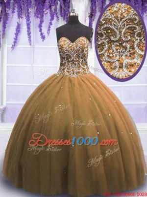 Sweetheart Sleeveless Quince Ball Gowns Floor Length Beading Brown Tulle