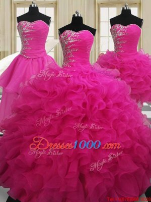 Four Piece Sweetheart Sleeveless Zipper Ball Gown Prom Dress Hot Pink Organza
