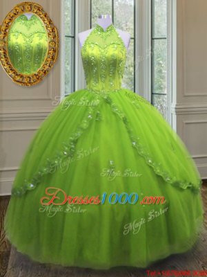 Yellow Green High-neck Neckline Beading and Appliques Sweet 16 Dress Sleeveless Lace Up