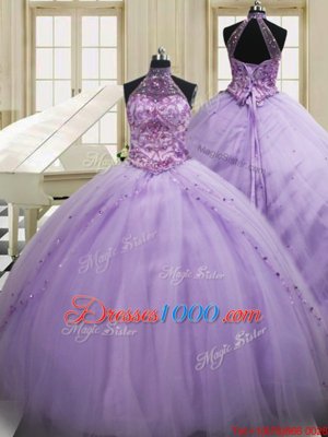 Fantastic Halter Top Sleeveless Tulle 15th Birthday Dress Beading and Embroidery Sweep Train Lace Up