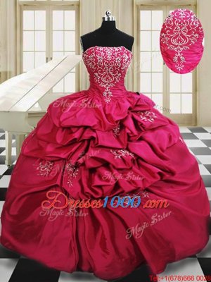 Custom Design Hot Pink Taffeta Lace Up 15th Birthday Dress Sleeveless Floor Length Beading and Embroidery and Pick Ups