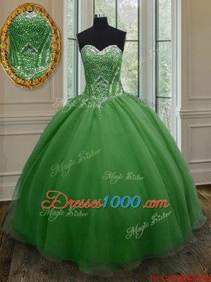 Organza Sweetheart Sleeveless Lace Up Beading and Ruching Ball Gown Prom Dress in Dark Green