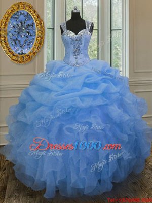 Straps Straps Floor Length Zipper Sweet 16 Dress Blue and In for Military Ball and Sweet 16 and Quinceanera with Beading and Ruffles