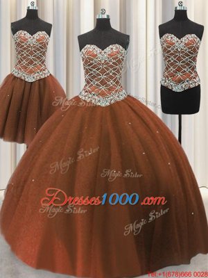 Beauteous Three Piece Brown Ball Gowns Sweetheart Sleeveless Tulle Floor Length Lace Up Beading and Sequins Sweet 16 Quinceanera Dress