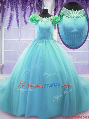 Best Selling Scoop Hand Made Flower Ball Gown Prom Dress Blue Lace Up Short Sleeves Court Train