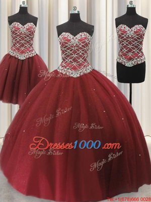 Popular Three Piece Tulle Sleeveless Floor Length Quinceanera Dress and Beading and Sequins