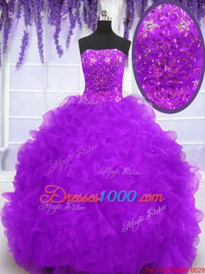 Eggplant Purple Ball Gowns Organza Strapless Sleeveless Beading and Appliques and Ruffles With Train Lace Up 15th Birthday Dress Brush Train