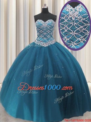 Sweetheart Sleeveless Quinceanera Gown Floor Length Beading and Sequins Teal Tulle