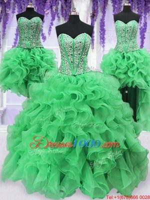 Clearance Four Piece Organza Sleeveless Floor Length Vestidos de Quinceanera and Beading and Ruffles