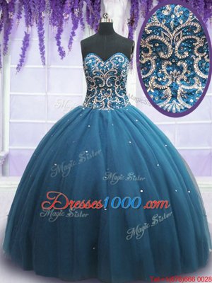 Elegant Sleeveless Floor Length Beading and Appliques Lace Up Ball Gown Prom Dress with Teal