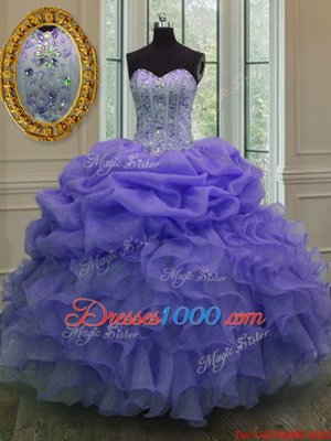Fantastic Lavender Sleeveless Floor Length Beading and Ruffles and Pick Ups Lace Up Quinceanera Gown