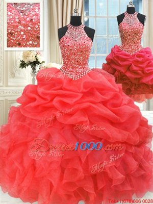 Three Piece Red Organza Lace Up Sweet 16 Dress Sleeveless Floor Length Beading and Pick Ups
