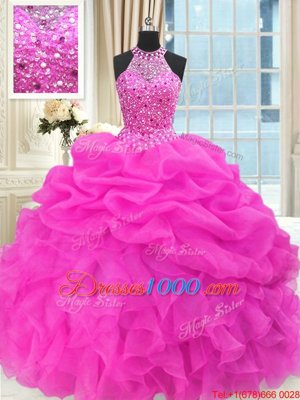 Sexy Hot Pink Sleeveless Beading and Pick Ups Floor Length 15 Quinceanera Dress