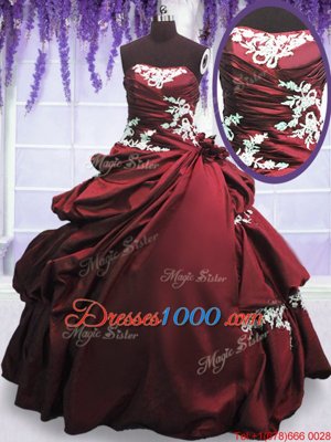 Burgundy Ball Gowns Taffeta Halter Top Sleeveless Beading and Appliques and Pick Ups Floor Length Lace Up 15th Birthday Dress
