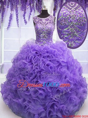 Beauteous Floor Length Lavender Quinceanera Dresses Scoop Sleeveless Lace Up
