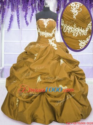 Fitting Strapless Sleeveless Quinceanera Dresses Floor Length Appliques and Pick Ups Brown Taffeta