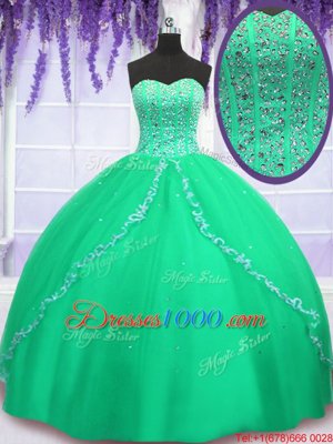 Chic Tulle Sweetheart Sleeveless Lace Up Beading and Sequins Quinceanera Gown in Green