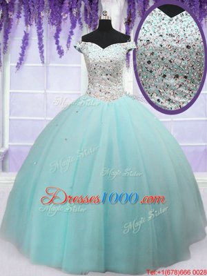 Custom Design Off the Shoulder Floor Length Ball Gowns Short Sleeves Light Blue Quinceanera Gowns Lace Up