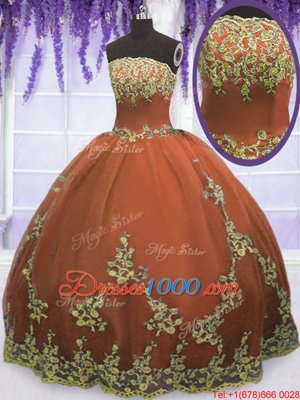 Rust Red Tulle Zipper Strapless Sleeveless Floor Length Sweet 16 Quinceanera Dress Appliques