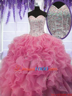 Sleeveless Floor Length Ruffles and Sequins Lace Up Quince Ball Gowns with Rose Pink