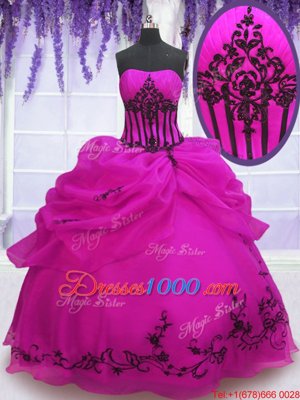 Eye-catching Strapless Sleeveless Organza Sweet 16 Dresses Embroidery and Pick Ups Lace Up