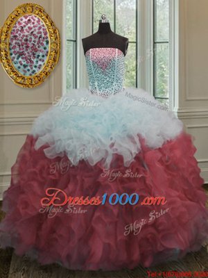 Admirable White And Red Strapless Lace Up Beading and Ruffles Ball Gown Prom Dress Sleeveless
