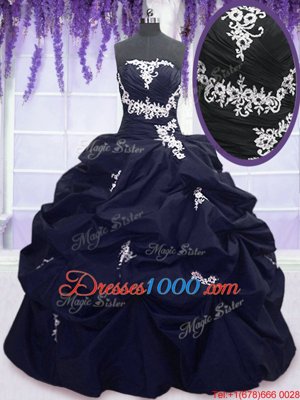 Navy Blue Lace Up Strapless Appliques and Pick Ups Vestidos de Quinceanera Taffeta Sleeveless