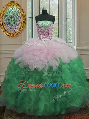 Fantastic Multi-color Ball Gowns Beading and Ruffles 15th Birthday Dress Lace Up Organza Sleeveless Floor Length