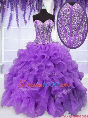 Eye-catching Organza Sweetheart Sleeveless Lace Up Beading and Ruffles Sweet 16 Dress in Purple