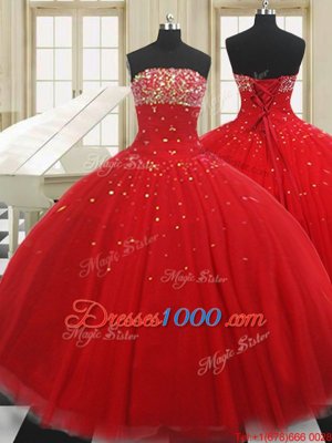 Strapless Sleeveless Tulle 15 Quinceanera Dress Beading Lace Up