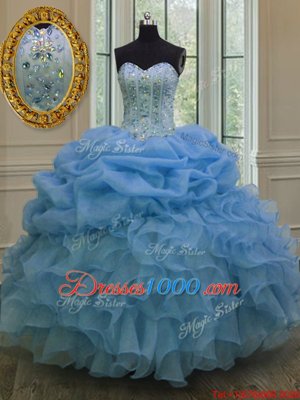 Cute Beading and Pick Ups Sweet 16 Dress Blue Lace Up Sleeveless Floor Length