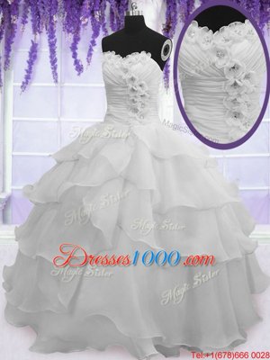Affordable Ruffled Silver Sleeveless Organza Lace Up Quince Ball Gowns for Military Ball and Sweet 16 and Quinceanera