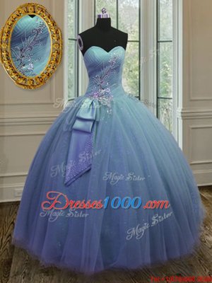 Blue Lace Up Sweet 16 Quinceanera Dress Beading and Ruching Sleeveless Floor Length