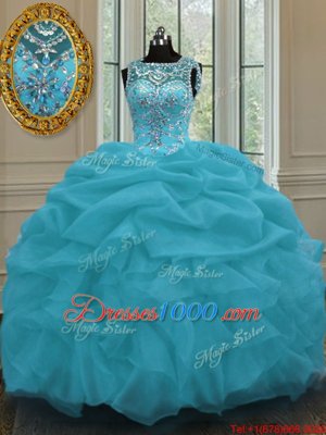 Super Scoop Sleeveless Quince Ball Gowns Floor Length Beading and Pick Ups Baby Blue Organza