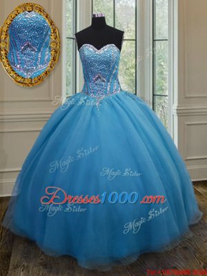 Sleeveless Floor Length Beading and Belt Lace Up Quince Ball Gowns with Baby Blue