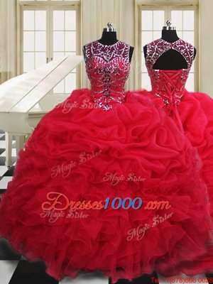 Red Quinceanera Dresses Military Ball and Sweet 16 and Quinceanera and For with Beading and Pick Ups Scoop Sleeveless Lace Up